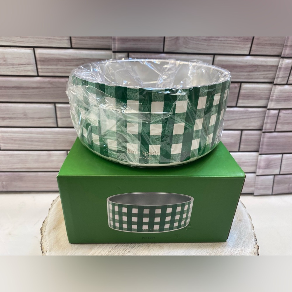 Kate Spade ❤️32 oz. Pet Bowl Green Gingham Stainless Steel/ Non-Slip NIB